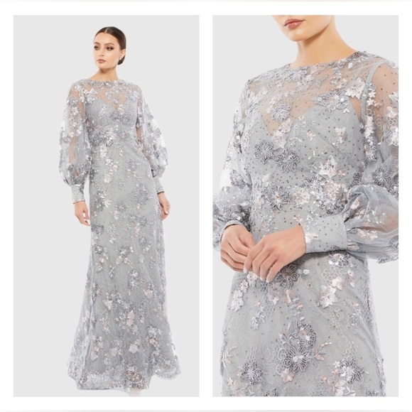 MAC DUGGAL 67936 NWT Embellished Illusion High Neck Bishop Sleeve Gown
